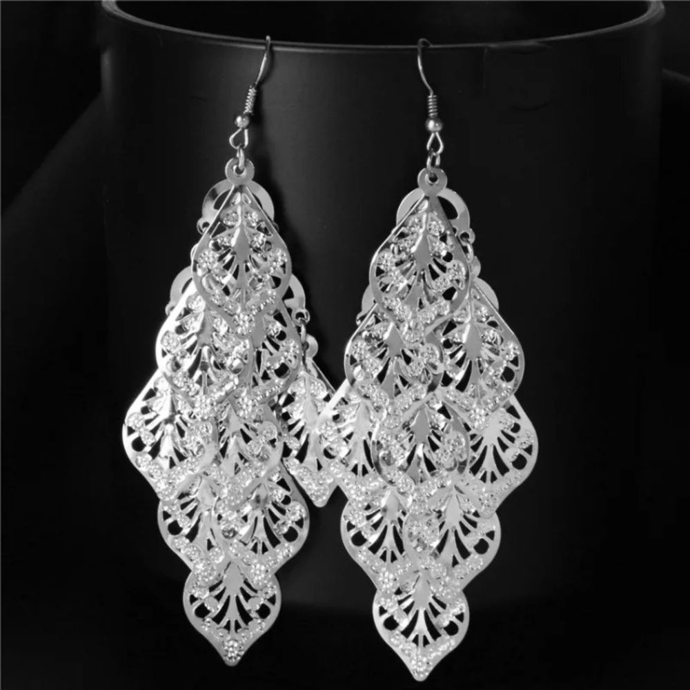 Silver Tone Leaves Long Earrings